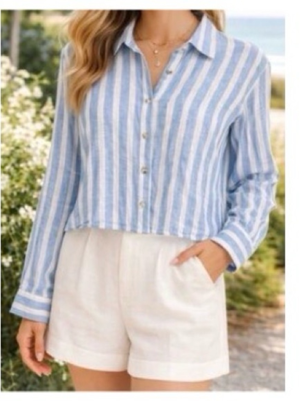 Cynthia Rowley M Linen blue-white stripe long sleeve cottagecore coastal blouse
